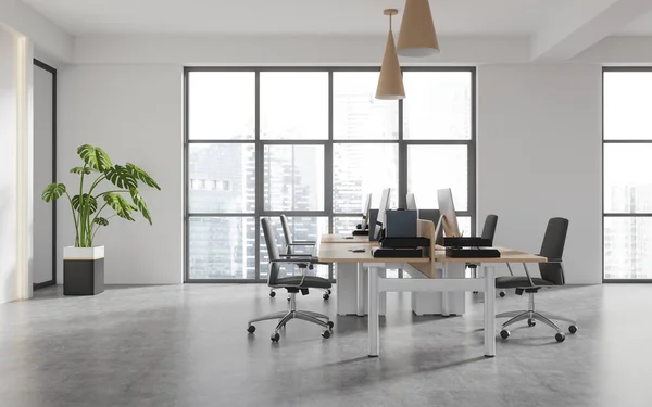 白い壁 コンクリートの床 椅子と大きな窓と白いコンピュータテーブルと近代的なオープンスペースオフィスのインテリア 3Dレンダリング — ストック写真
