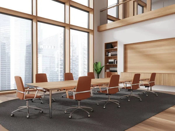 Wooden office meeting interior with chairs and wooden board, carpet on hardwood floor. Conference corner with shelf and panoramic window on skyscrapers. 3D rendering