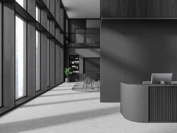 Interno Elegante Ufficio Con Pareti Grigie Legno Pavimento Cemento Reception — Foto Stock