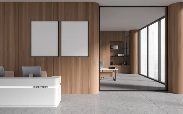 Interieur Einer Modernen Bürohalle Mit Hellen Holzwänden Betonboden Weißem Empfangstresen — Stockfoto
