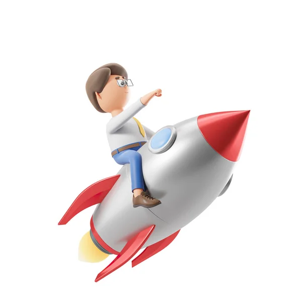 Rendering Cartoon Man Sitting Rocket Flying Hand Forward Empty White — Stock Photo, Image
