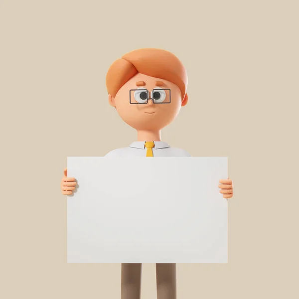 Rendering Cartoon Character Man Holding Mockup Empty Copy Space Banner — Stock Photo, Image