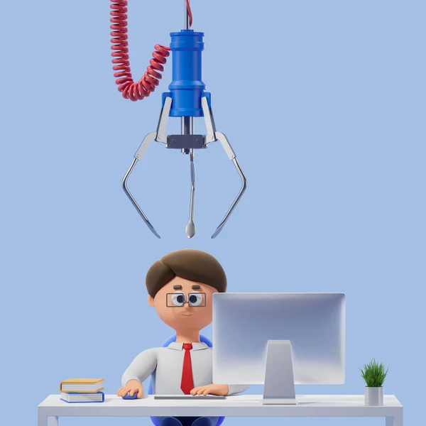 Rendering Robotic Arm Claw Replacing Cartoon Character Businessman Working Computer — Stock Photo, Image