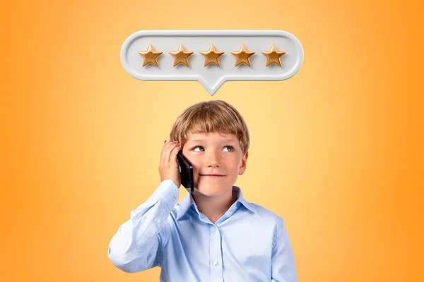 Happy Child Talking Phone Orange Background Thought Bubble Five Stars — Stock Photo, Image