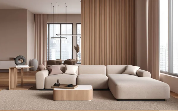 Béžová Domácí Obývací Pokoj Interiér Relaxační Jídelní Prostor Dřevěné Příčky — Stock fotografie