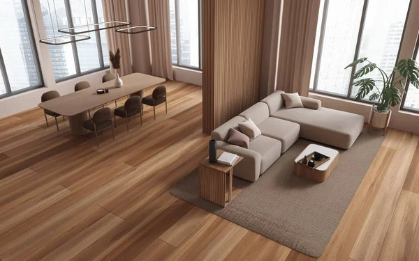 Top view of modern living room with beige walls, long white couch with coffee table and dining room with long table and brown chairs next to it. 3d rendering