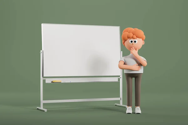 Thoughtful cartoon student man standing near whiteboard over dark green background. Concept of education. 3d rendering