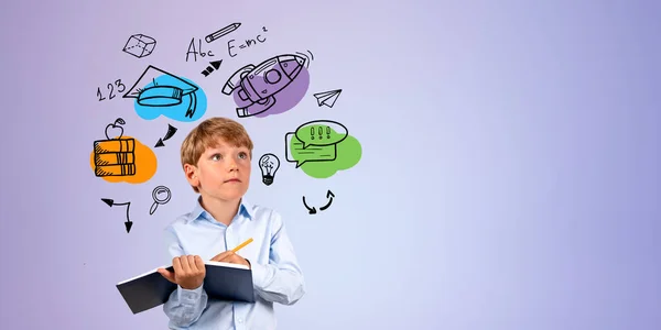 Portrait Serious Little Boy Holding Notebook Purple Background Education Icons — Stock Photo, Image