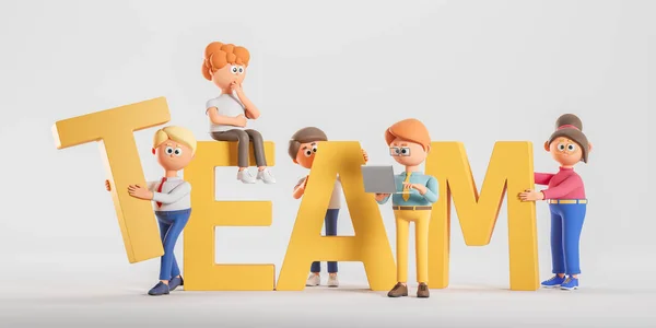 3Dレンダリング 漫画のキャラクターの人々のチームワーク 灰色の背景に大きなチーム文字 同僚とのビジネスアイデア スタートアップとネットワーク オフィス 協力イラストのコンセプト — ストック写真