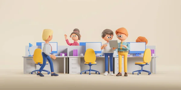 3d rendering. Cartoon character people on the job, work days in company. Business idea, plan and cooperation with colleagues. Mock up pc computer on work desk. Concept of office illustration