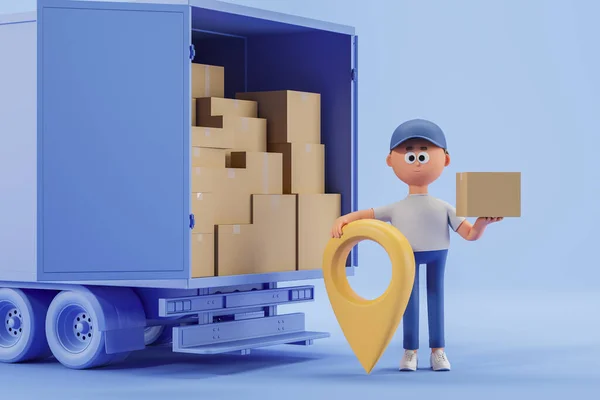 Cartoon courier man with boxes and geotag standing near truck. Concept of goods delivery and logistics. 3d rendering