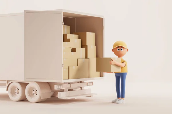 Darstellung Zeichentrickfigur Mann Mit Einem Paket Der Hand Lkw Mit — Stockfoto