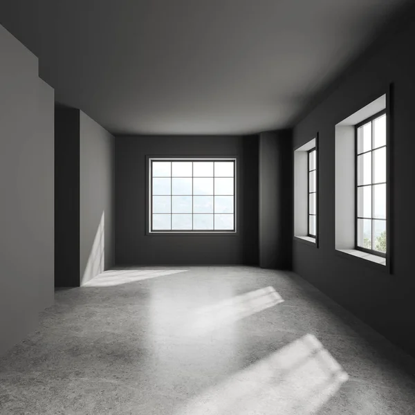 有灰色墙壁 混凝土地面和大窗户的空房间的内部 搬到新房子的概念 3D渲染 — 图库照片