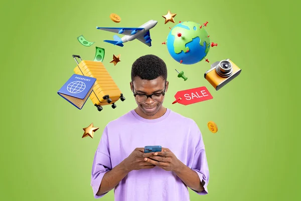 Šťastný Africký Muž Zadává Smartphone Pomocí Mobilní Aplikace Nebo Webové — Stock fotografie