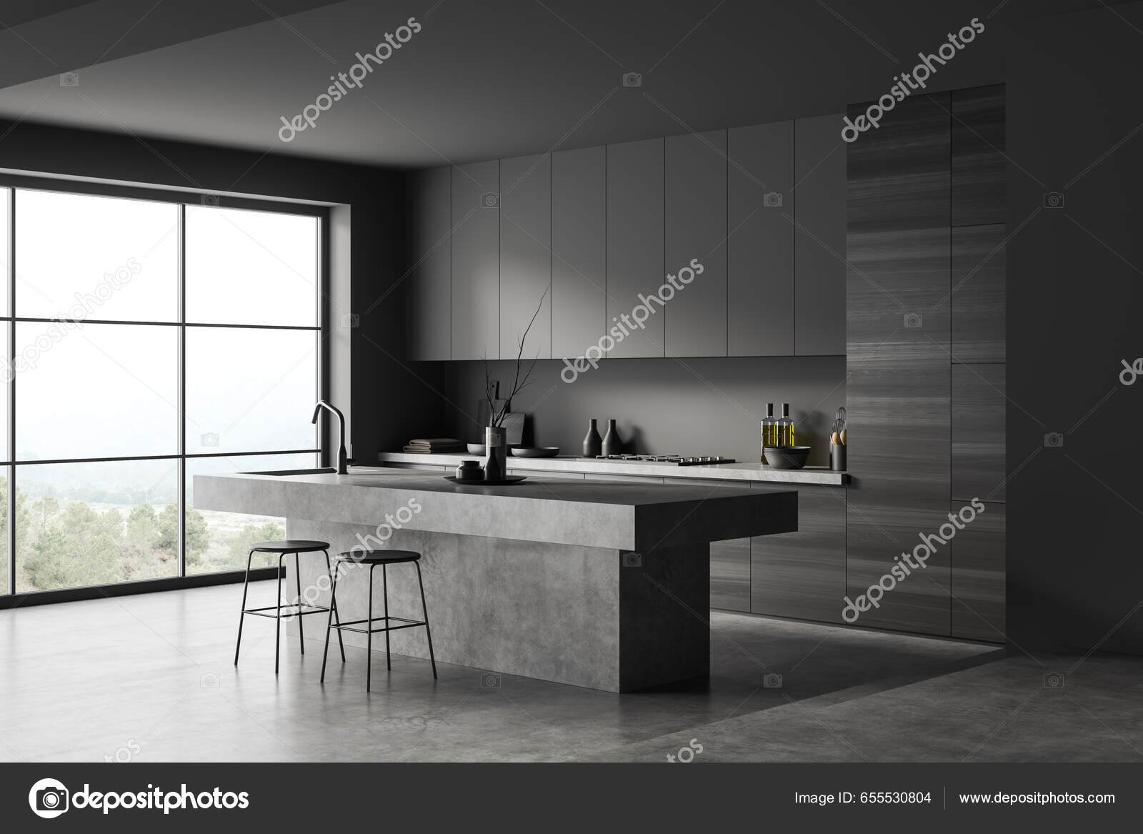 Dark Kitchen Interior Bar Chairs Island Side View Grey Concrete Stock