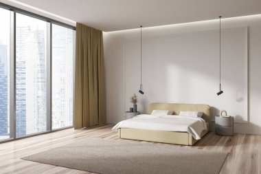 Parlak yatak odasının içi beyaz duvar, yatak, panoramik pencere, lamba, başucu, perde, ahşap parke zemin. Minimalist tasarım kavramı. Yaratıcı fikir için yer var. 3d oluşturma
