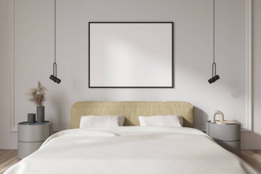 Beyaz çarşafları olan şık bir yatak odası, modern sanat dekorasyonu ve lambası olan bir komodin. Tuvalin posterini hazırla. 3B görüntüleme