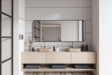 Çift lavabo ve aynalı beyaz banyo, banyo aksesuarları ve modern sanat süslemeleri olan minimalist giysi. 3B görüntüleme