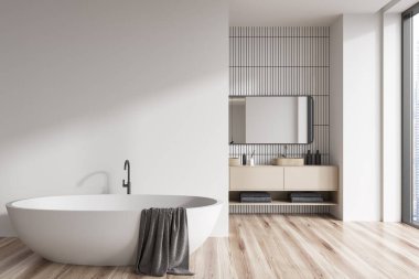 Küvetli beyaz banyo, aksesuarlı çift lavabo, ahşap zemin. Şehir manzarasında panoramik pencere. Model boş beyaz duvar. 3B görüntüleme