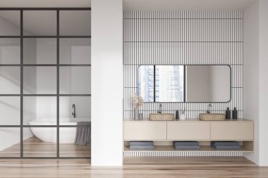 Beyaz banyo içi çift lavabo ve cam kapılar ardında küvet. Singapur 'da otel banyosu aksesuarları ve panoramik pencereli bir güverte. 3B görüntüleme