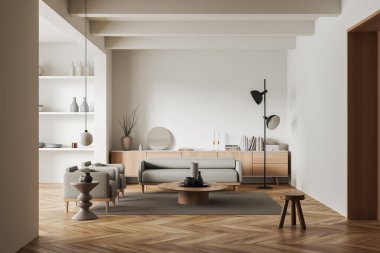 Beyaz oturma odasının içinde kanepe, iki koltuk, raflar ve dekoratif bir elbise, ahşap zeminde halı. 3B görüntüleme