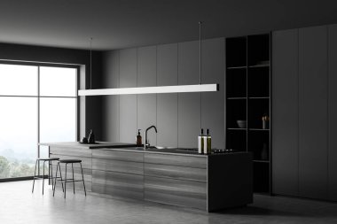 Bar adası, sandalyeler, yan görüş, gri beton zemin. Mutfak eşyaları ve tabaklar, raflı gizli tasarım. Kırsal kesimde panoramik pencere. 3B görüntüleme