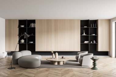 Kanepe ve koltuklu ahşap oturma odası, kitaplarla ve sanat dekorasyonuyla dolu raf, ahşap zeminde halı. Boşluğu kopyala boş ahşap duvar, 3B görüntüleme