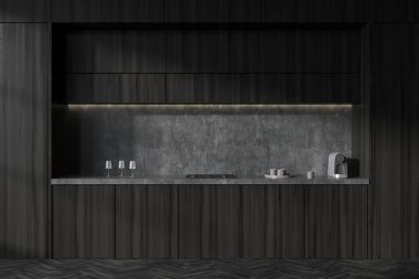 Soba ve minimalist mutfak gereçleri, tabaklar ve şarap kadehleriyle siyah mutfak. Otel dairesinde karanlık yemek pişirme alanı. 3B görüntüleme