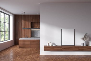 Parlak mutfak odasının önü boş beyaz poster, ada, dolap, beyaz duvar, panoramik pencere, ahşap zemin, çanak çömlek. Minimalist tasarım kavramı. Model yap. 3d oluşturma