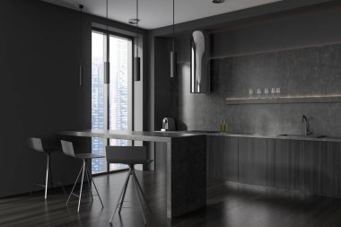 Bar masası, sandalyeler, yan görüş, ahşap zemin. Mutfak malzemeleri güvertede. Singapur şehir manzarasında panoramik pencere. 3B görüntüleme