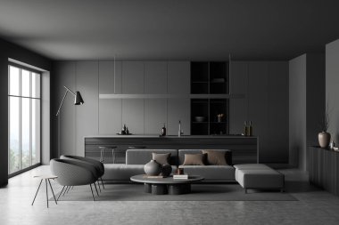 Karanlık stüdyo odasının önü. Ada, kanepe, koltuklar, gri duvarlar, panoramik pencere, beton zemin, kahve masası, çanak çömlek, lamba. Minimalist tasarım kavramı. 3d oluşturma