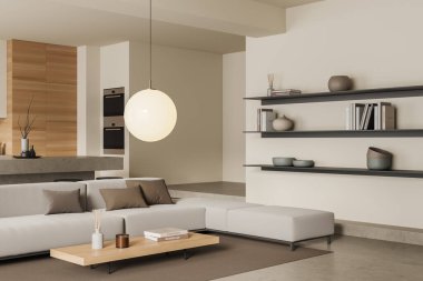 Kanepe ve bar tezgahı olan bej renkli bir stüdyo, yan görünüş, kitaplar ve sanat dekorasyonuyla dolu bir raf. Mutfak gereçleri ve gevşeme alanı olan yemek pişirme alanı. 3B görüntüleme
