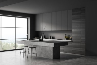 Barda sandalyeler, ada, yan görüş, gri beton zemin. Dekorasyonlu mutfak eşyaları. Kırsal kesimde panoramik pencereli yemek pişirme alanı. 3B görüntüleme