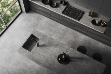 Ada, lavabo, soba ve mutfak gereçleri olan koyu renk mutfak manzarası, gri beton zemin. Tropiklerde panoramik penceresi olan aşçılık alanı, 3B oluşturma