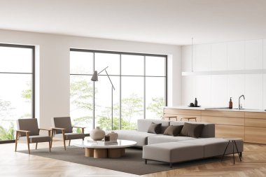 Beyaz stüdyo içi koltuklar ve sehpası olan kanepe, yan görüş, tropiklerde panoramik pencere. Bar adası ve mutfak malzemeleriyle yemek pişirme yeri. 3B görüntüleme