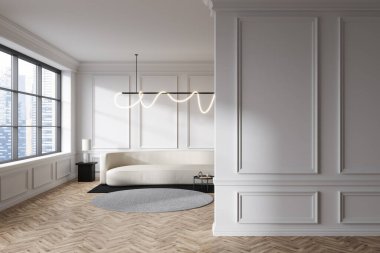 Parlak oturma odasının önü kanepe, beyaz duvar, meşe ağacından ahşap zemin, panoramik pencere. Minimalist tasarım kavramı. Rahatlama ve buluşma yeri. 3d oluşturma