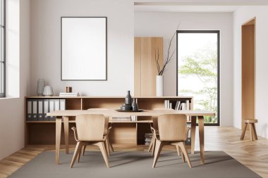 Ahşap iç mekan, sandalyeler ve masa, klasörlü çekmece, dekorasyon, ahşap zemin. Tropik bölgelerde panoramik pencere. Model poster. 3B görüntüleme