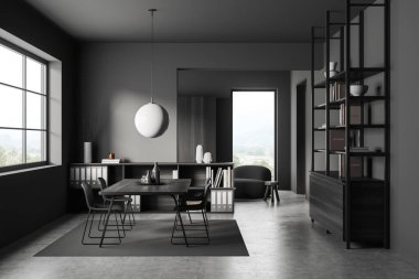 İçinde sandalyeler ve tahta olan karanlık bir toplantı, gri beton zemin. Kırsal kesimde panoramik pencere. Belgeler ve sanat süslemeleri olan raflar, dinlenme alanı. 3B görüntüleme