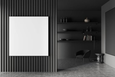 Karanlık oturma odasının içini boş beyaz poster, koltuk, kitaplarla dolu raflar, bölme, gri duvar, beton zemin. Minimalist tasarım kavramı. Model yap. 3d oluşturma