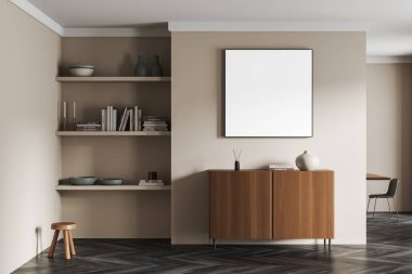 Bej oturma odasının içi çekmeceli, tavan arası rafı dekorasyon ve kitaplarla kaplı, taburesi de koyu ahşap. Kare şeklinde poster yap. 3B görüntüleme