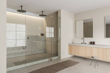 Çift duşlu bej banyo ve kare aynalı lavabo, yan görüş, cam kapılar. Gri beton zeminde tabure ve ayak havlusu. 3B görüntüleme
