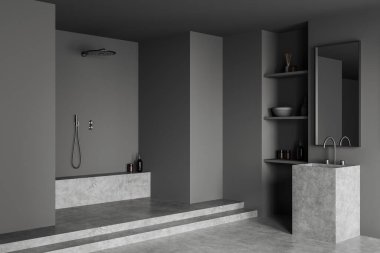 Lavabo ve aynalı karanlık banyo, yan görüş, podyumda duş. Banyo aksesuarları ve dekorasyonu olan bir raf, gri beton zemin. 3B görüntüleme