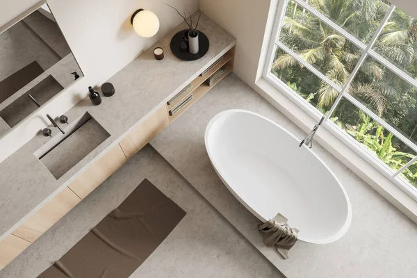 Vista Superior Interior Banheiro Bege Com Banheira Pódio Concreto Cinza — Fotografia de Stock