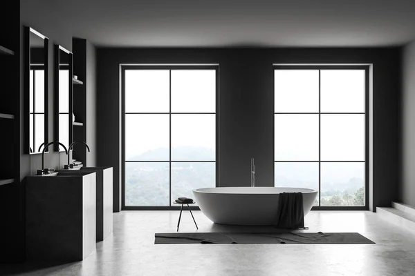 싱크대와 욕조가 어두운 콘크리트 액세서리 파노라마 창문이요 렌더링 — 스톡 사진