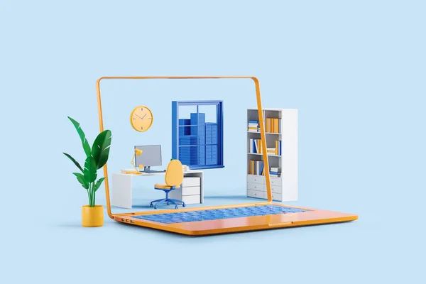 Laptop Bildschirm Und Cartoon Home Office Interieur Mit Computer Und — Stockfoto