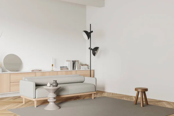 Stilvolles Wohnzimmerinterieur Mit Sofa Und Hocker Seitenblick Schublade Mit Kunstdekoration — Stockfoto