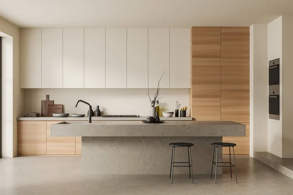 バースツール 食器棚 白い壁 オーブン コンクリート床 食器洗い機 棚と明るいキッチンルームのインテリアのフロントビュー ミニマルデザインのコンセプト 3Dレンダリング — ストック写真
