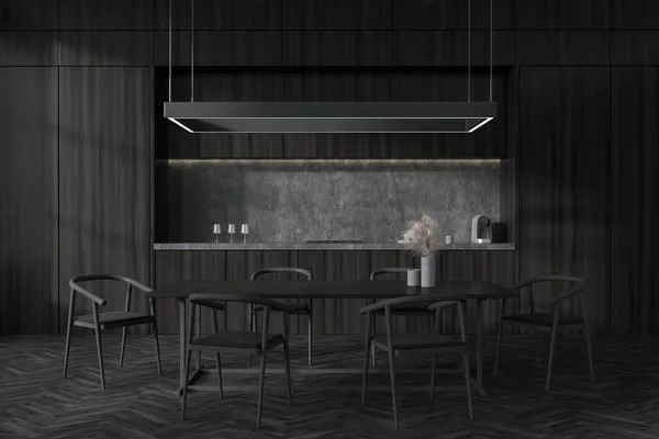 Black Kitchen Interior Chairs Dining Table Hardwood Floor Kitchenware Wine — Stock Photo, Image