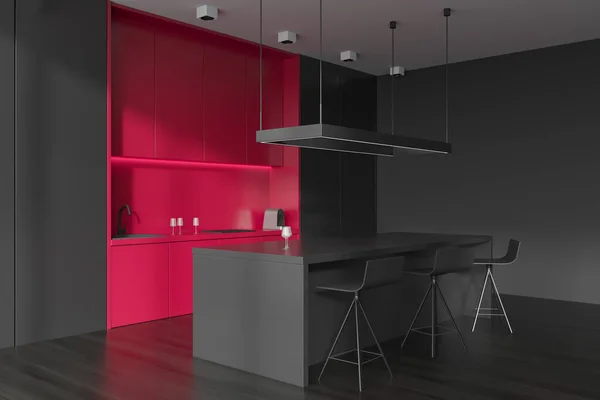 Eckblick Auf Moderne Dunkle Kücheneinrichtung Mit Insel Barhocker Schrank Graue — Stockfoto
