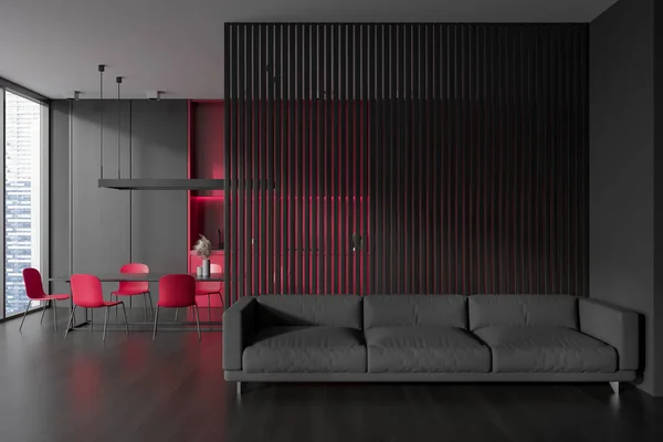 黑漆漆的工作室内部有沙发和饭厅 全景窗口在新加坡的城市景观 烹饪区配有红色厨房用具和放松空间 黑色硬木地板 复制空间墙 3D渲染 — 图库照片